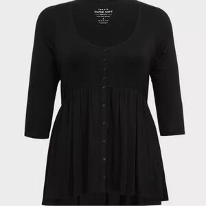 Torrid Babydoll Super Soft Button-Front 3/4 Sleeve Top Super Black